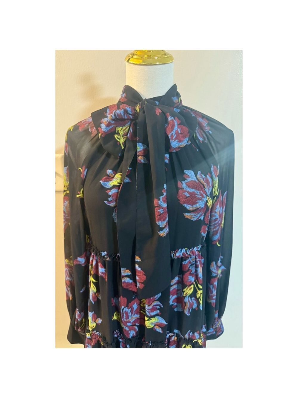 Cinq à Sept Revina Floral Print Mini Dress Black Size 0 Mock-neck Bow Key-hole - Picture 6 of 16
